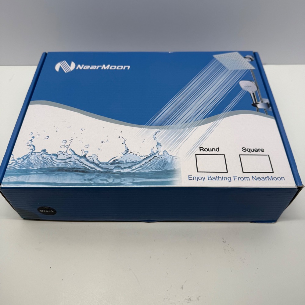 NearMoon Black Square Rainfall Shower Head High Pressure Bathroom Upgrade, NIB